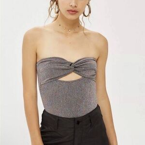 Topshop Metallic Grey Strapless Twist Cutout Bodysuit